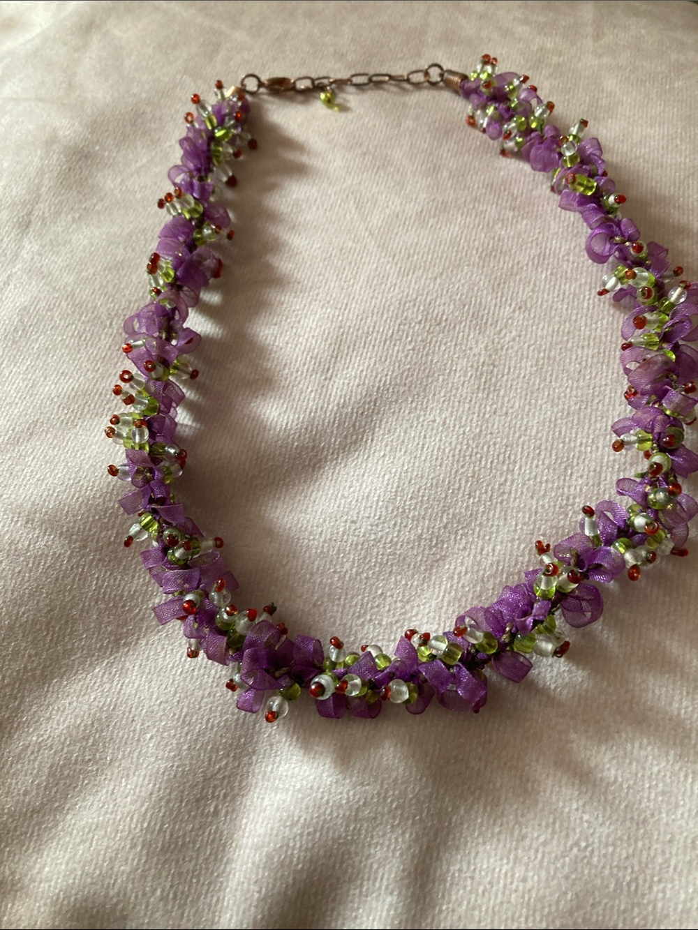Purple Beaded Floral Necklace - Unbranded